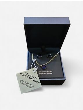 NWT Blue Sapphire Necklace and Stud Earrings Set September Birthstone Jewelry